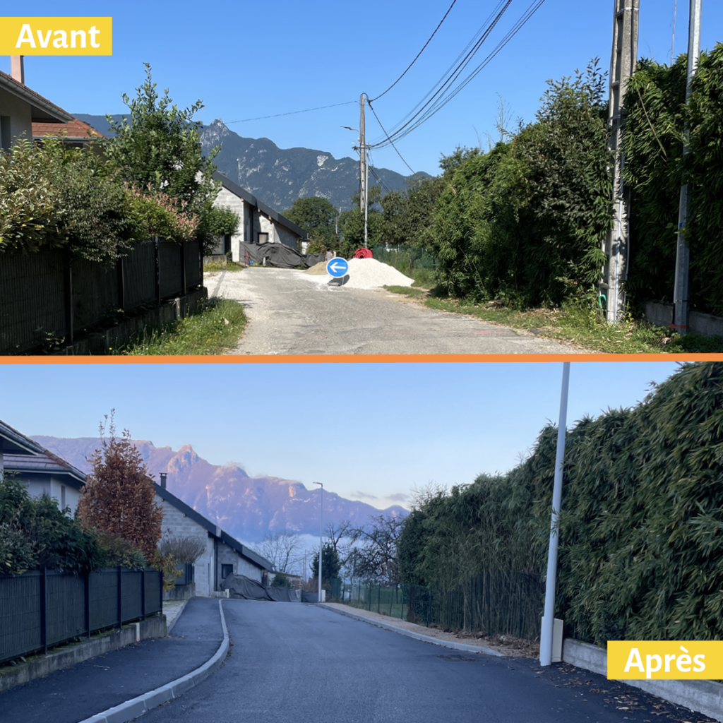 Montagne photo d'une rue avant et après les travaux d'enfouissement de réseaux secs. 
La partie supérieure de la photo représente une rue en travaux avec un tas de sable et un panneau de signalisation bleu et blanc, des poteaux électriques avec des fils apparents. 
La partie inférieure, représente la même rue avec un goudron au sol neuf et des poteaux électriques sans fils électrique apparents.  - Agrandir l'image, fenêtre modale
